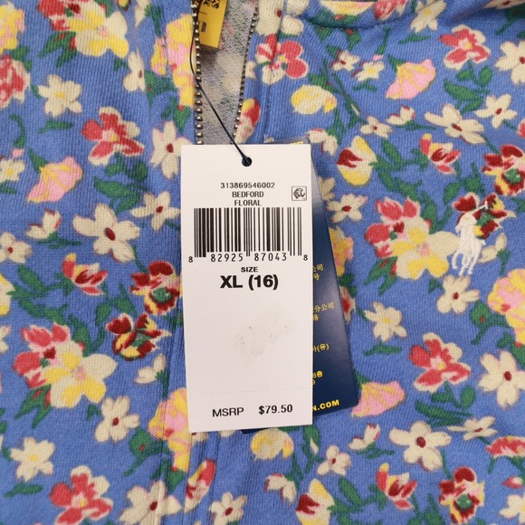 Polo Ralph Lauren Blue Floral Zip Up French Terry Romper Girl's size XL 16 - Picture 6 of 13